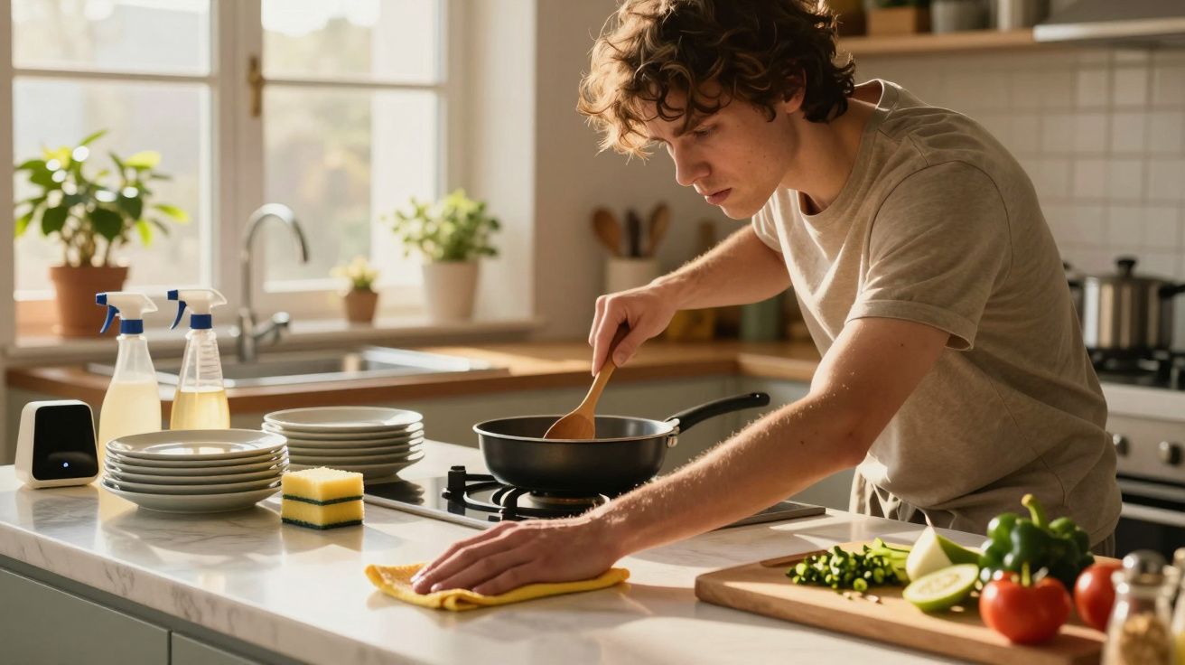 Homem a cozinhar e a limpar o balcão da cozinha, com legumes e pratos à sua volta.