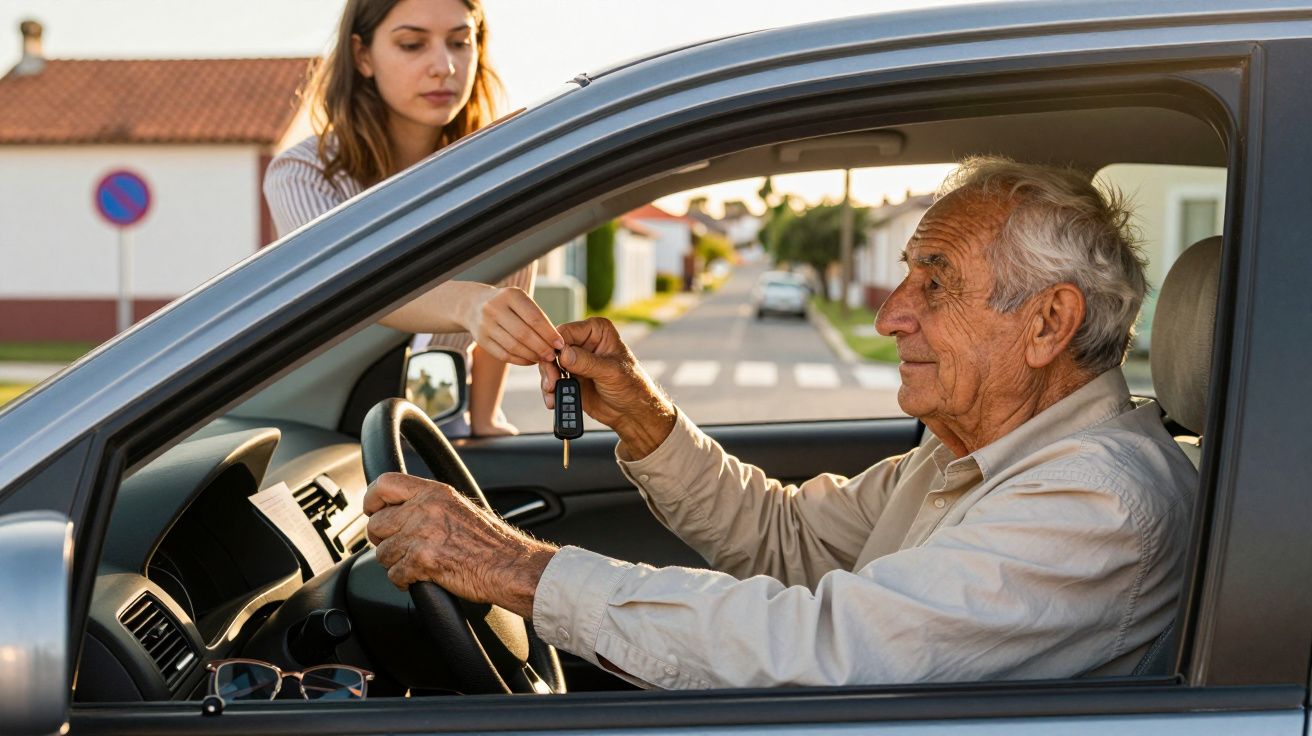 Senhor idoso no carro a receber as chaves de uma jovem que está do lado de fora numa rua residencial.