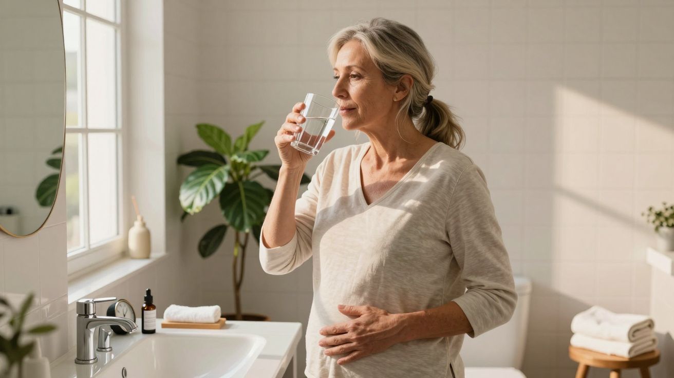 Mulher de meia-idade bebendo água num banheiro claro, com planta e toalhas ao fundo.