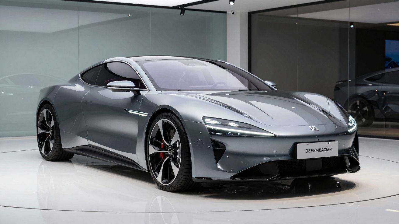 Carro desportivo eléctrico cinzento metálico com design futurista em exposição num salão moderno.