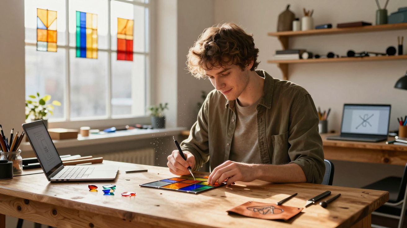 Jovem a pintar peças coloridas de vidro numa mesa de madeira num ambiente luminoso e organizado.