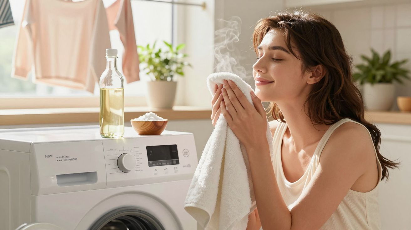 Mulher cheira toalha húmida junto a máquina de lavar roupa numa lavandaria luminosa e arejada.