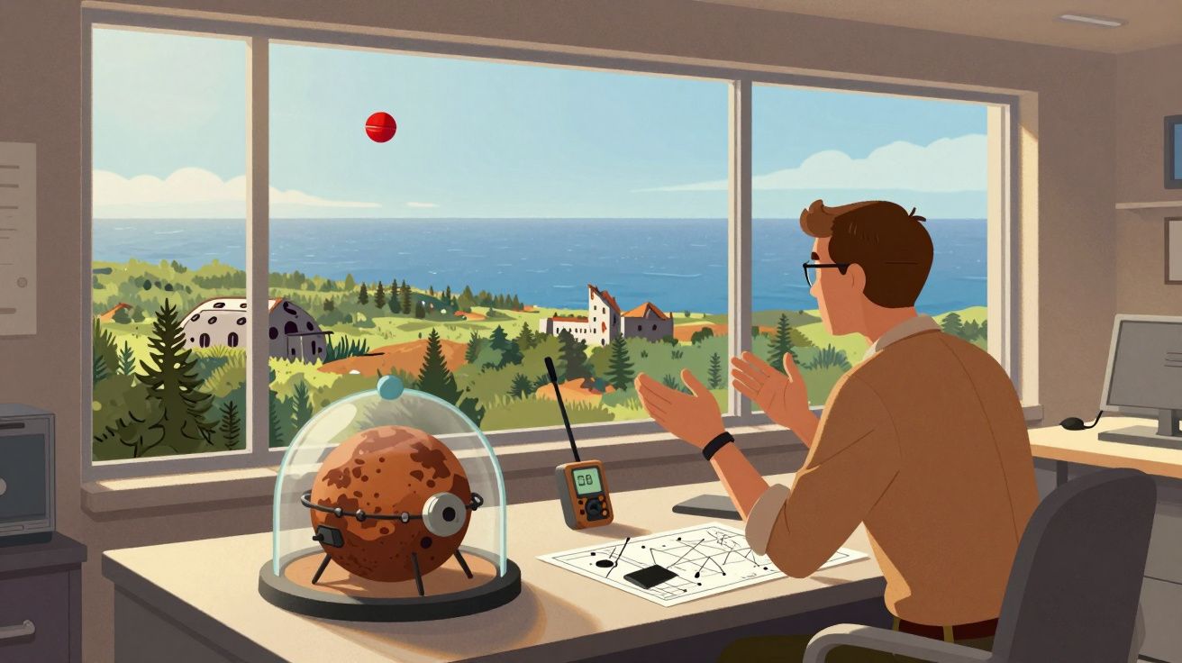 Homem sentado numa secretária com vista para o mar, observando um planeta em miniatura protegido por uma cúpula de vidro.