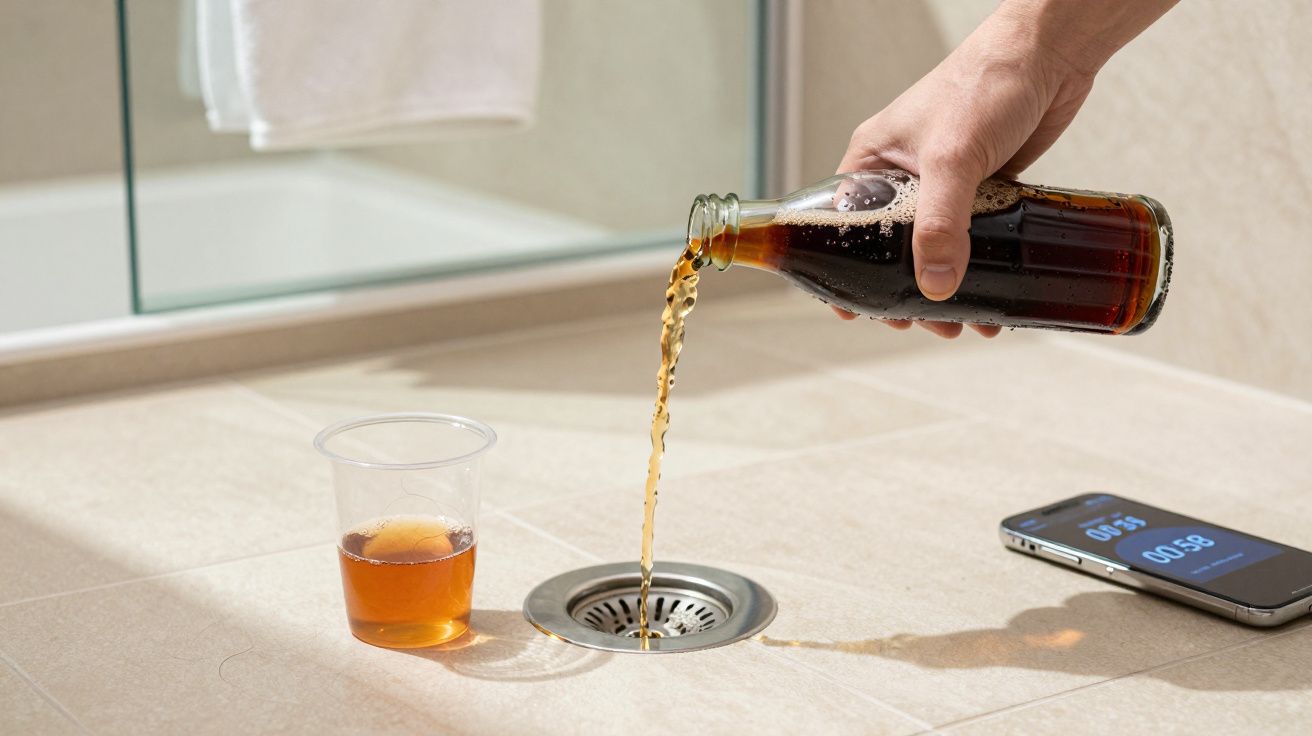 Mão a deitar refrigerante numa sanita de chão, copo com líquido ao lado e telemóvel com cronómetro numa superfície.