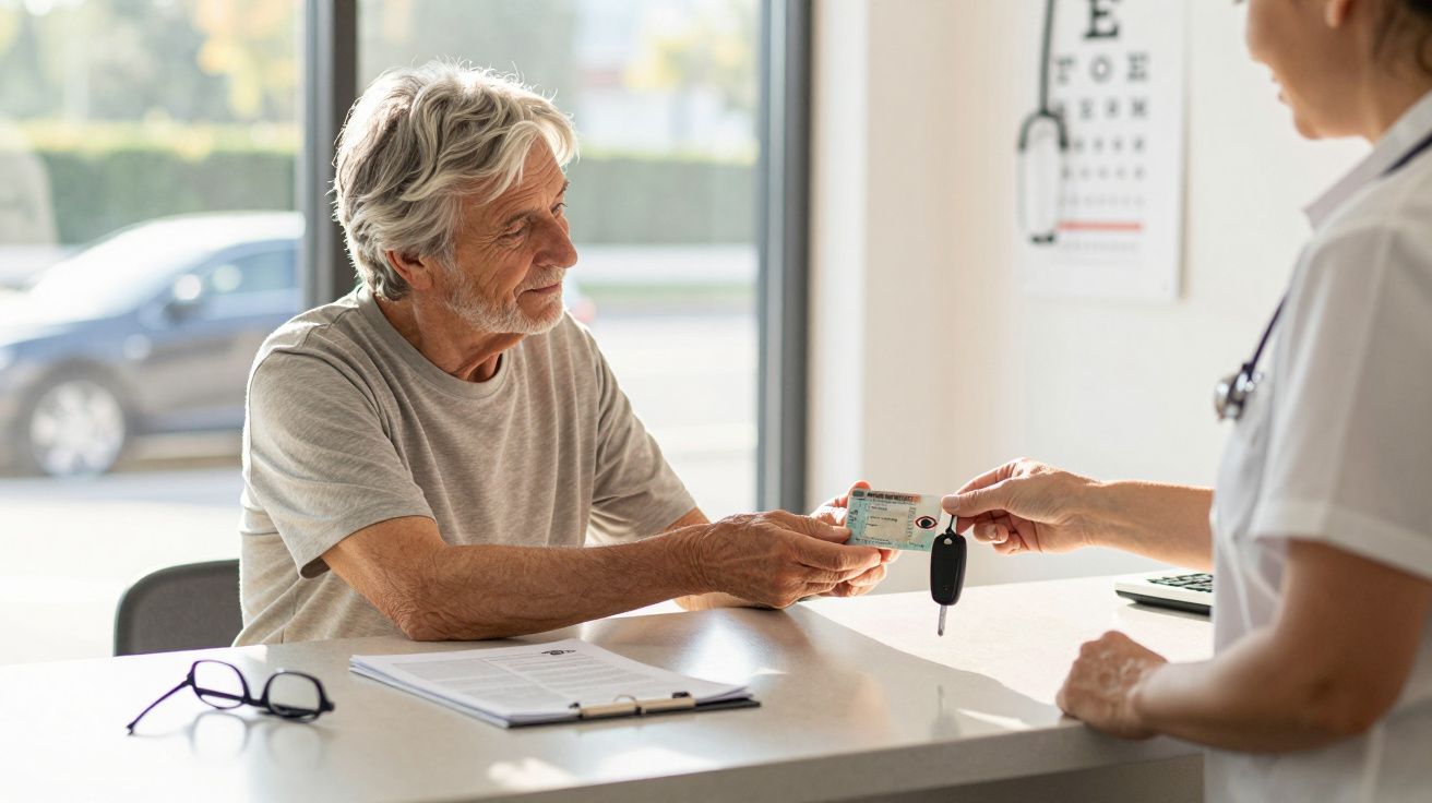 Homem sénior entrega carta de condução a profissional de saúde num consultório.