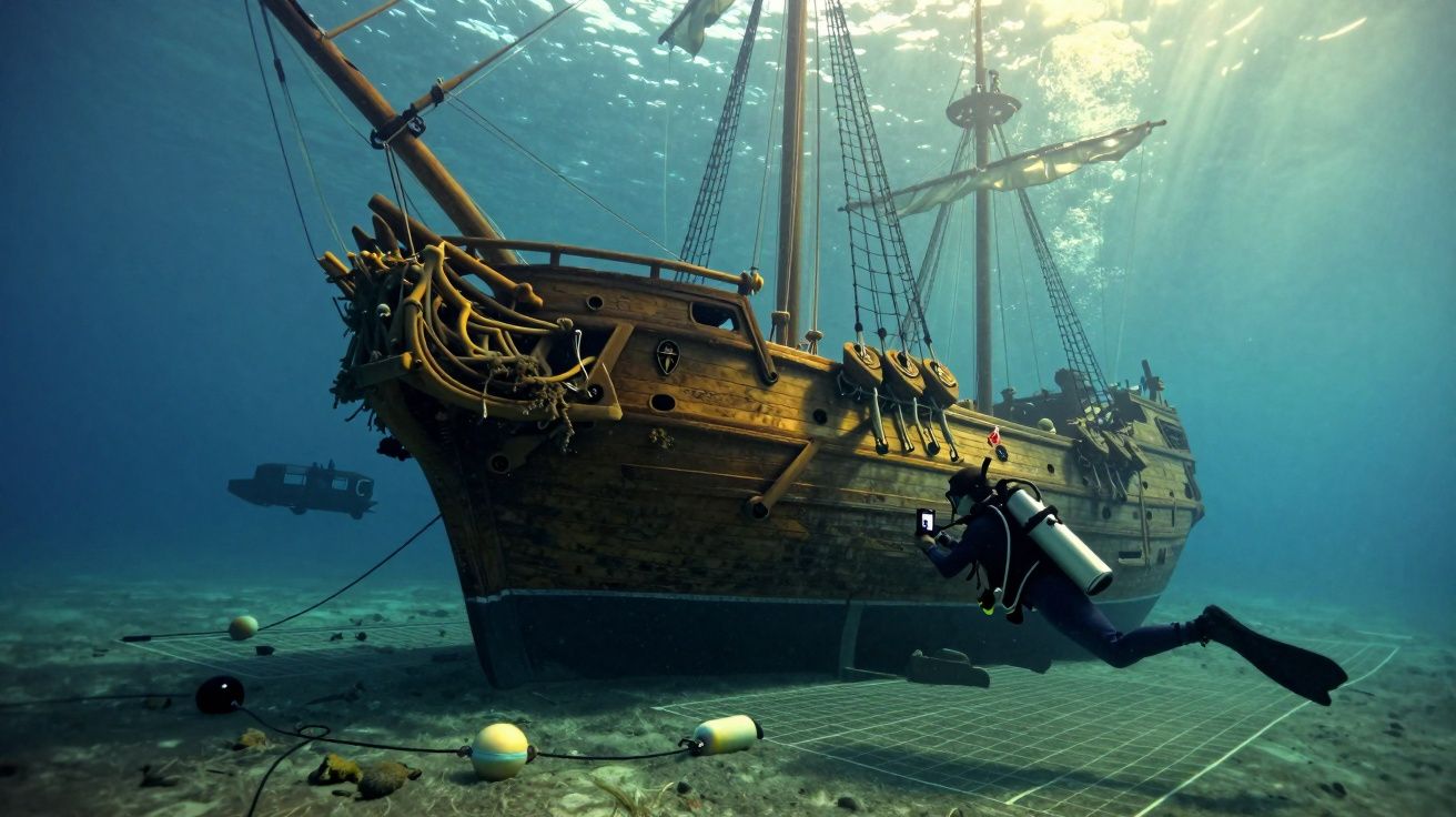 Mergulhador próximo a um navio antigo submerso no fundo do mar, com luz solar a penetrar a água.