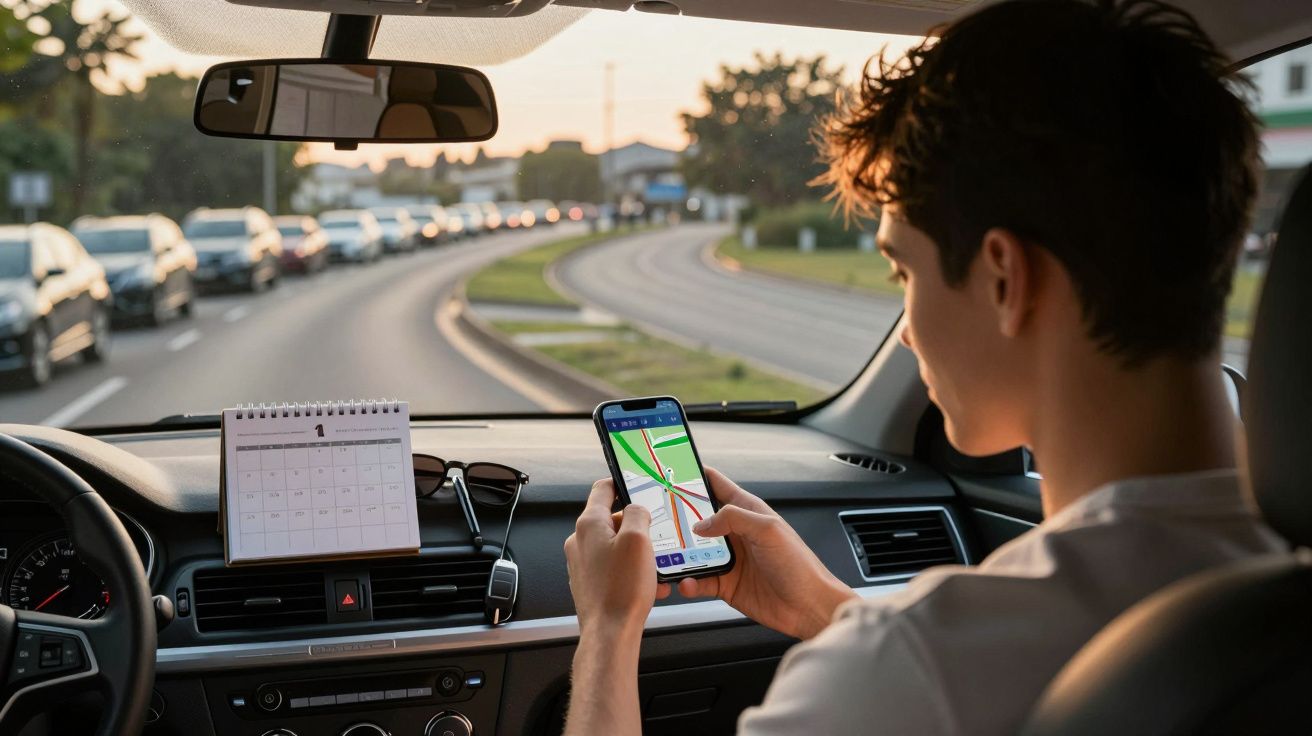 Jovem no carro a consultar uma aplicação de navegação no smartphone durante o pôr do sol.