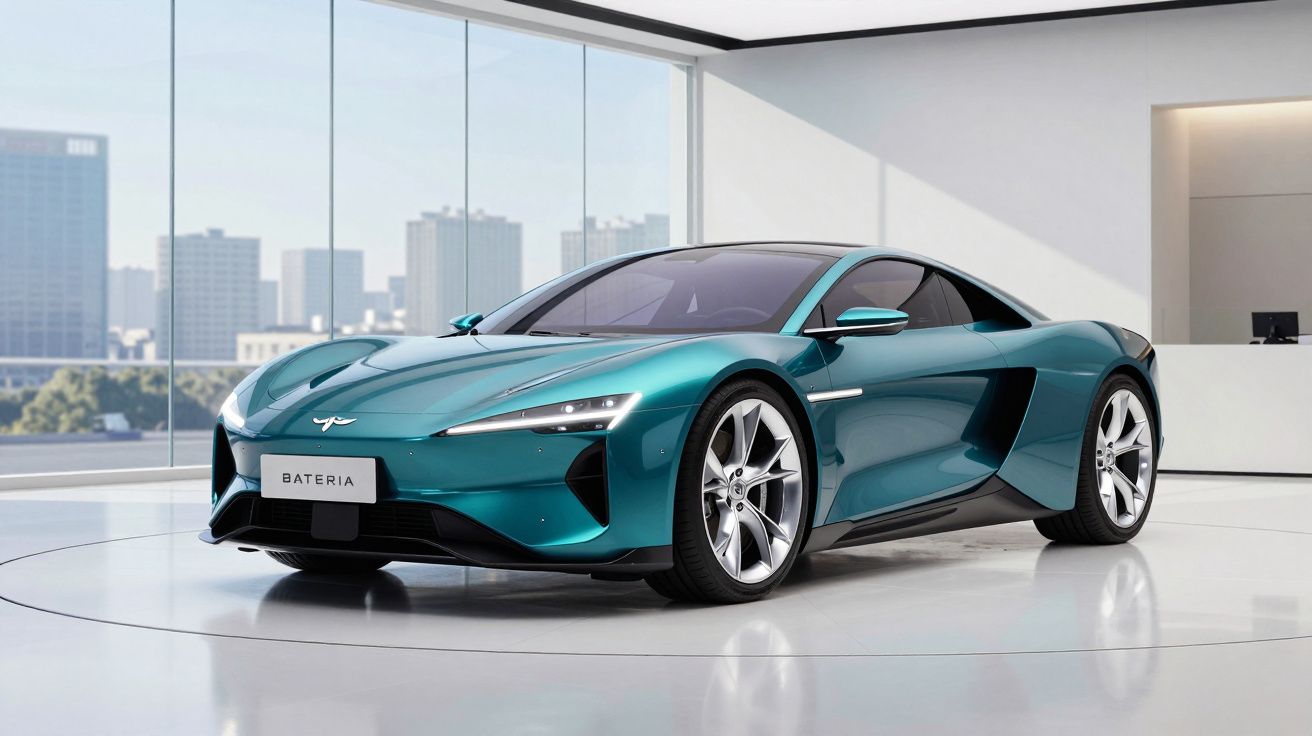 Carro desportivo elétrico verde num stand moderno com janelas amplas e vista para edifícios urbanos.