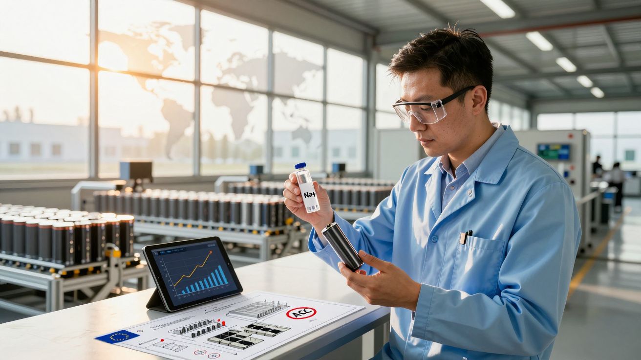 Cientista com bata azul e óculos de proteção analisa amostra numa fábrica moderna com gráficos num tablet.