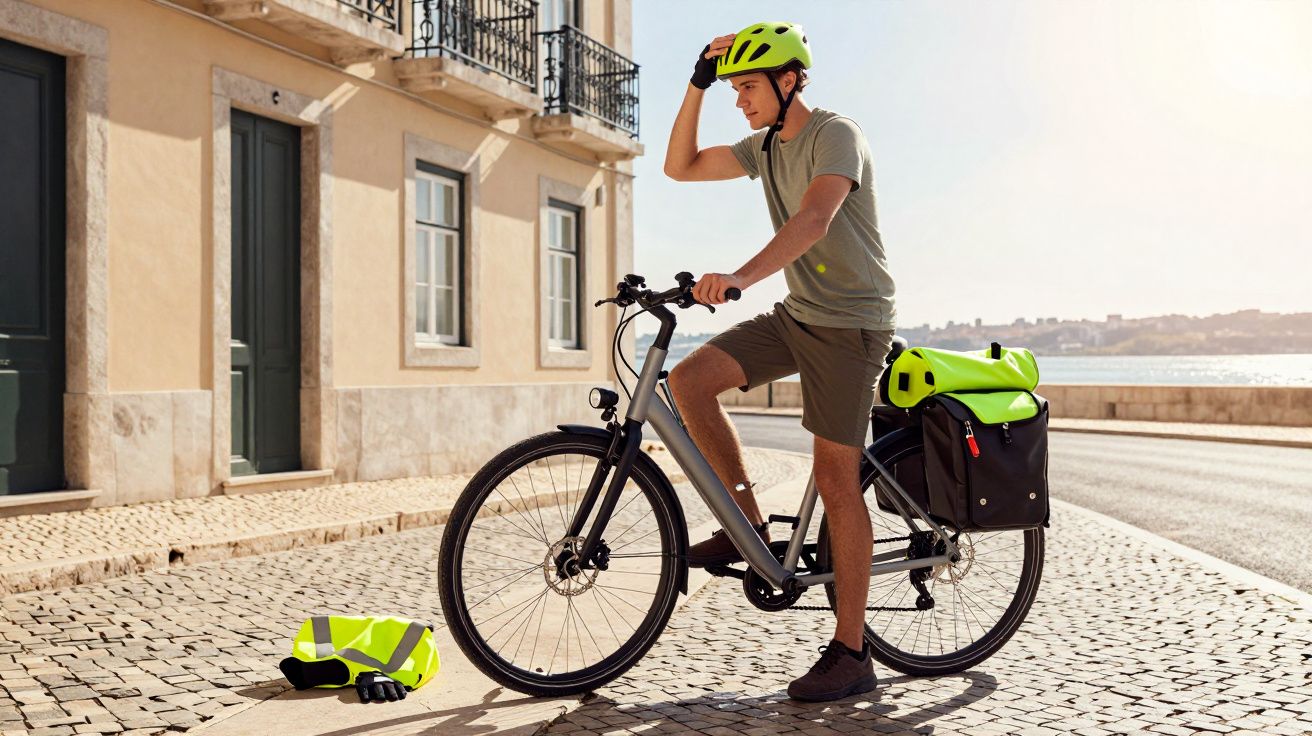 Jovem com capacete amarelo montado numa bicicleta elétrica numa rua junto ao rio ao pôr do sol.
