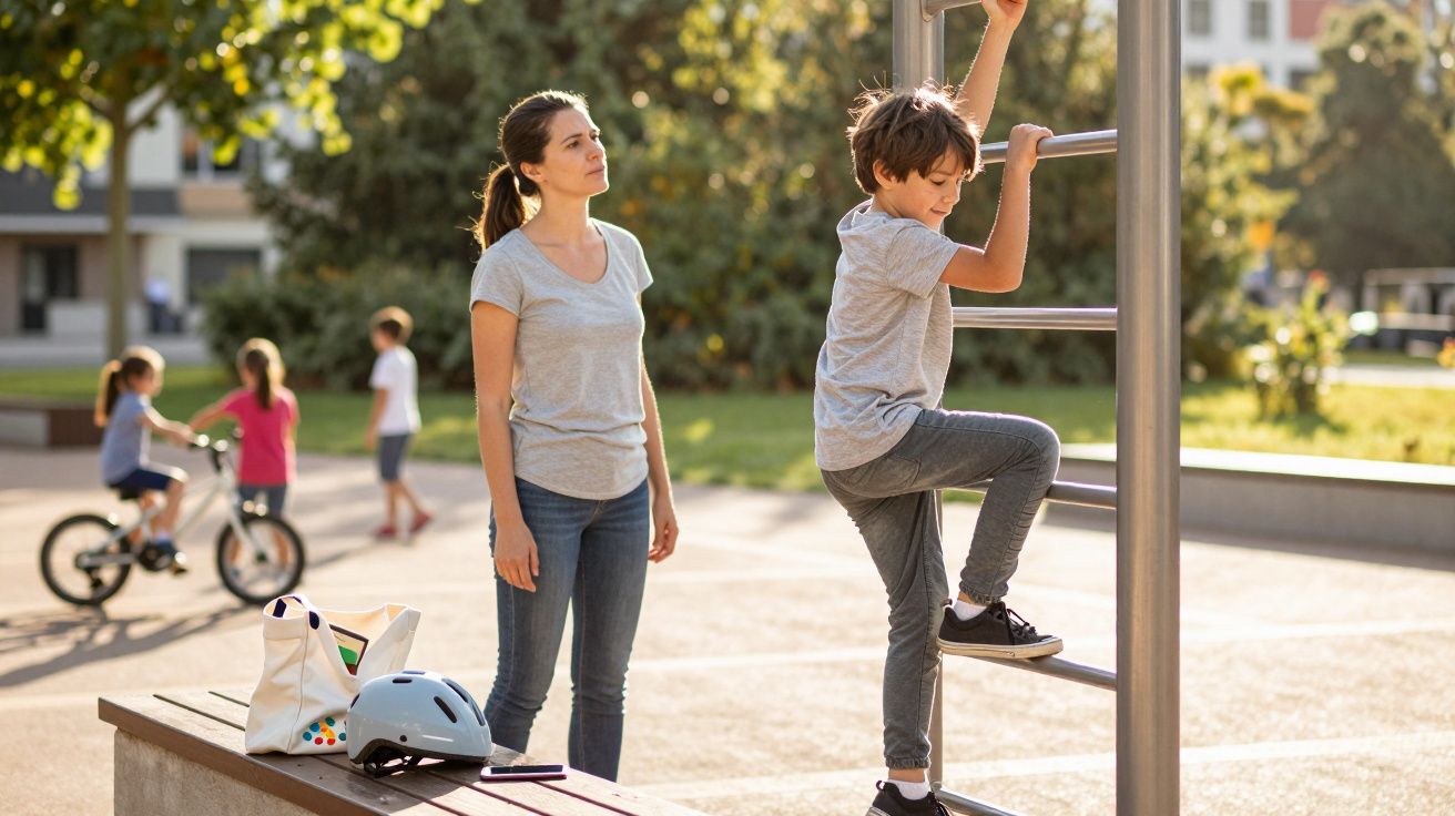Criança a subir barra de ginástica com mulher a observar num parque infantil ao fim da tarde.