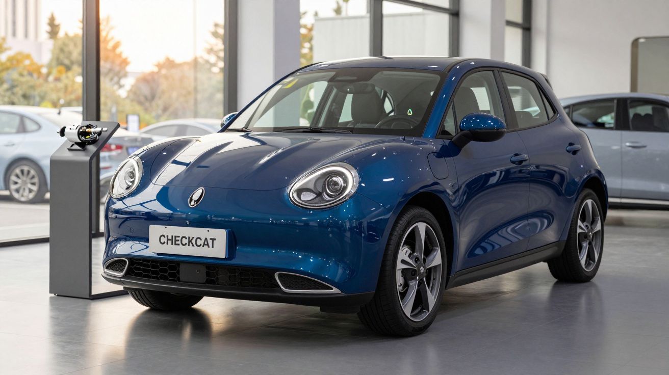 Carro elétrico azul modelo Checkcat exposto numa sala com iluminação natural e vidro.