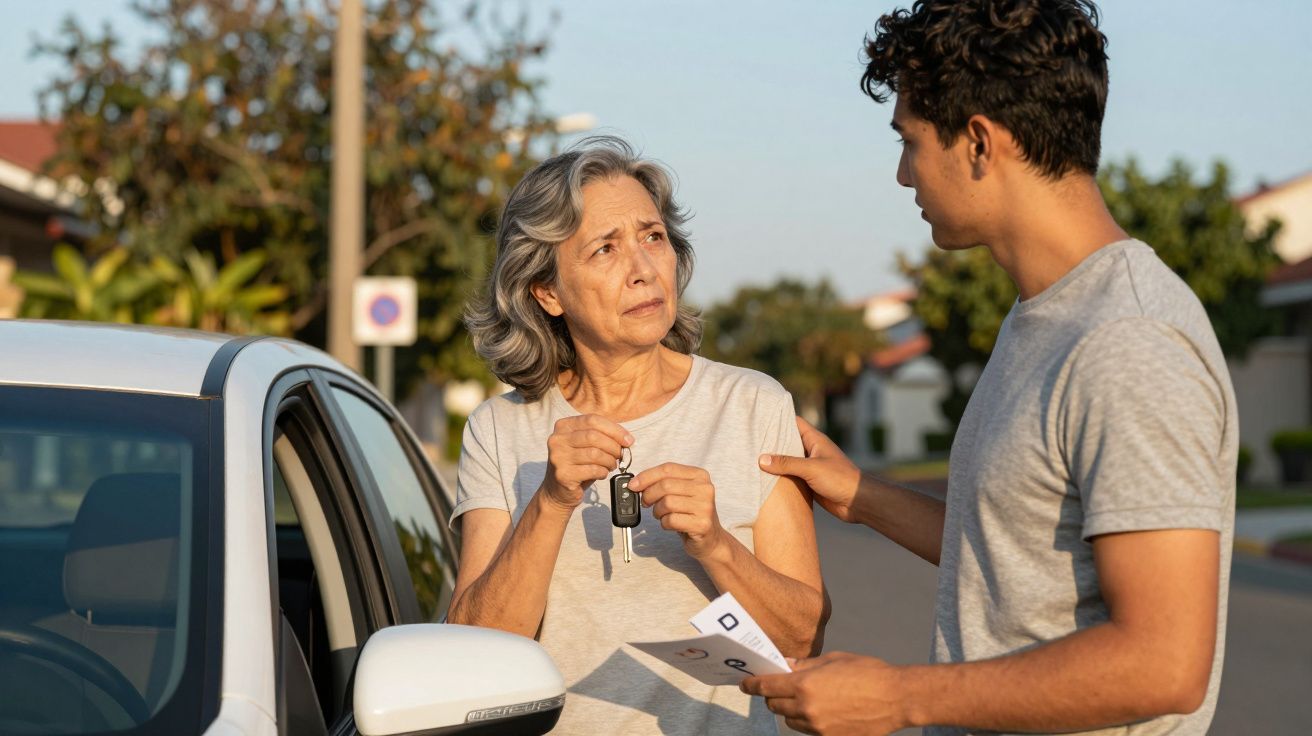 Mulher idosa a segurar chaves de carro, a falar com jovem que lhe entrega documentos na rua.