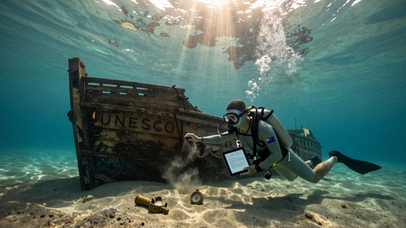Mergulhador a explorar um antigo navio afundado com objetos históricos no fundo do mar iluminado pela luz solar.