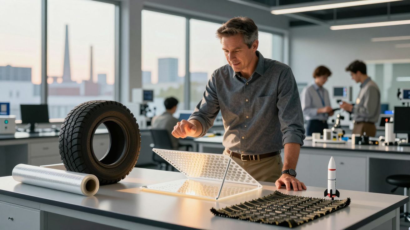 Homem a analisar protótipo em laboratório com pneu, lona, tabuleiro e mini foguete numa mesa branca.