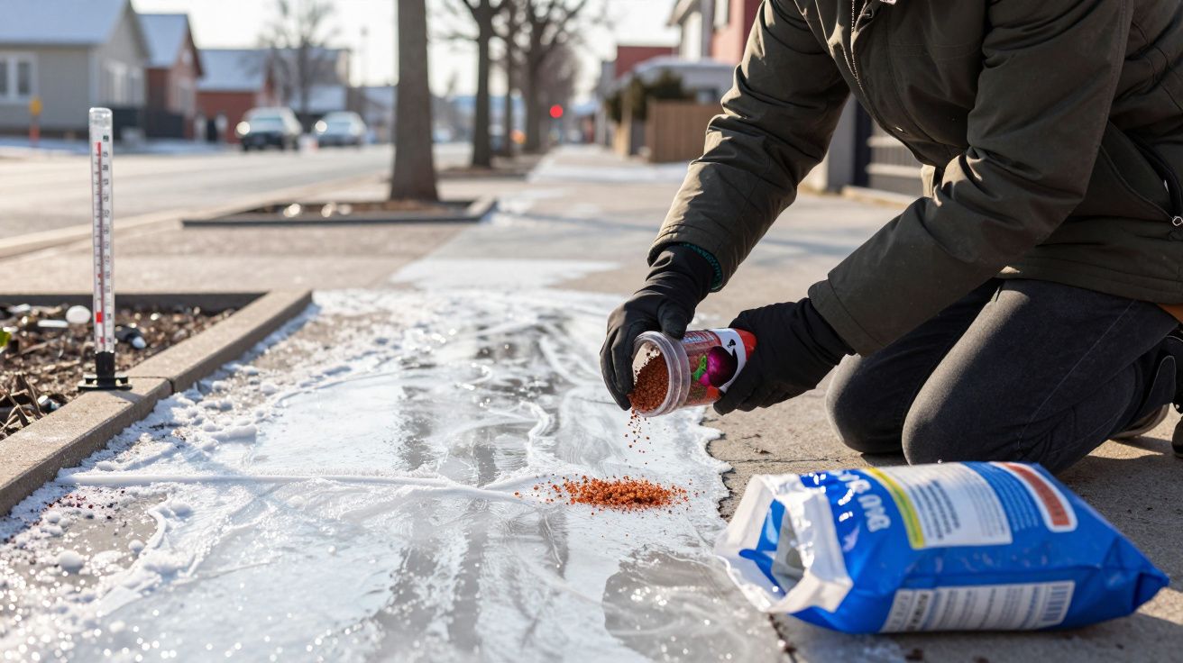 Pessoa a deitar sais vermelhos numa superfície congelada numa calçada, com termómetro visível ao fundo.