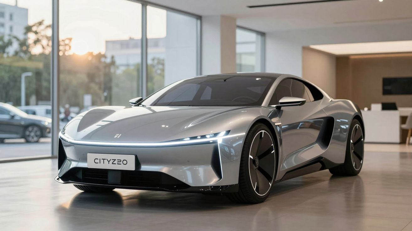 Carro desportivo elétrico prateado Cityzoo em exposição numa sala com grandes janelas.