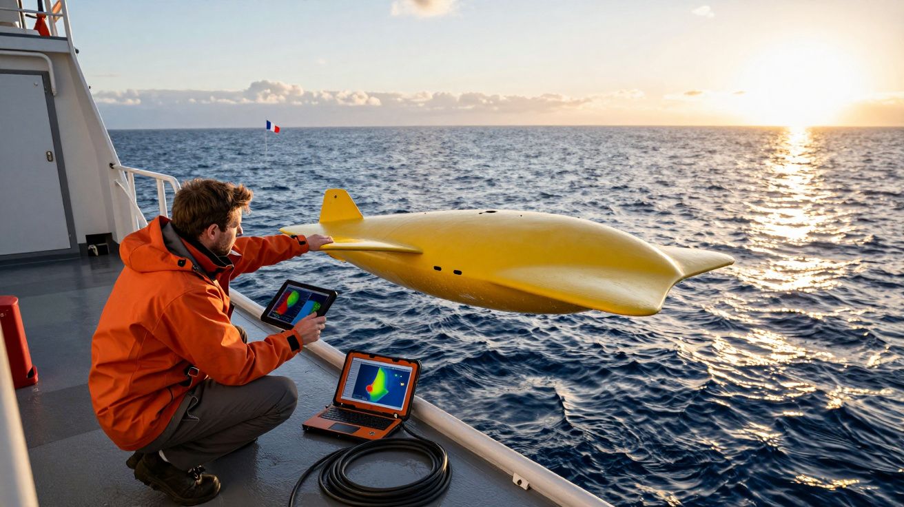 Homem com casaco laranja controla drone subaquático amarelo ao pôr do sol no convés de navio no mar aberto.