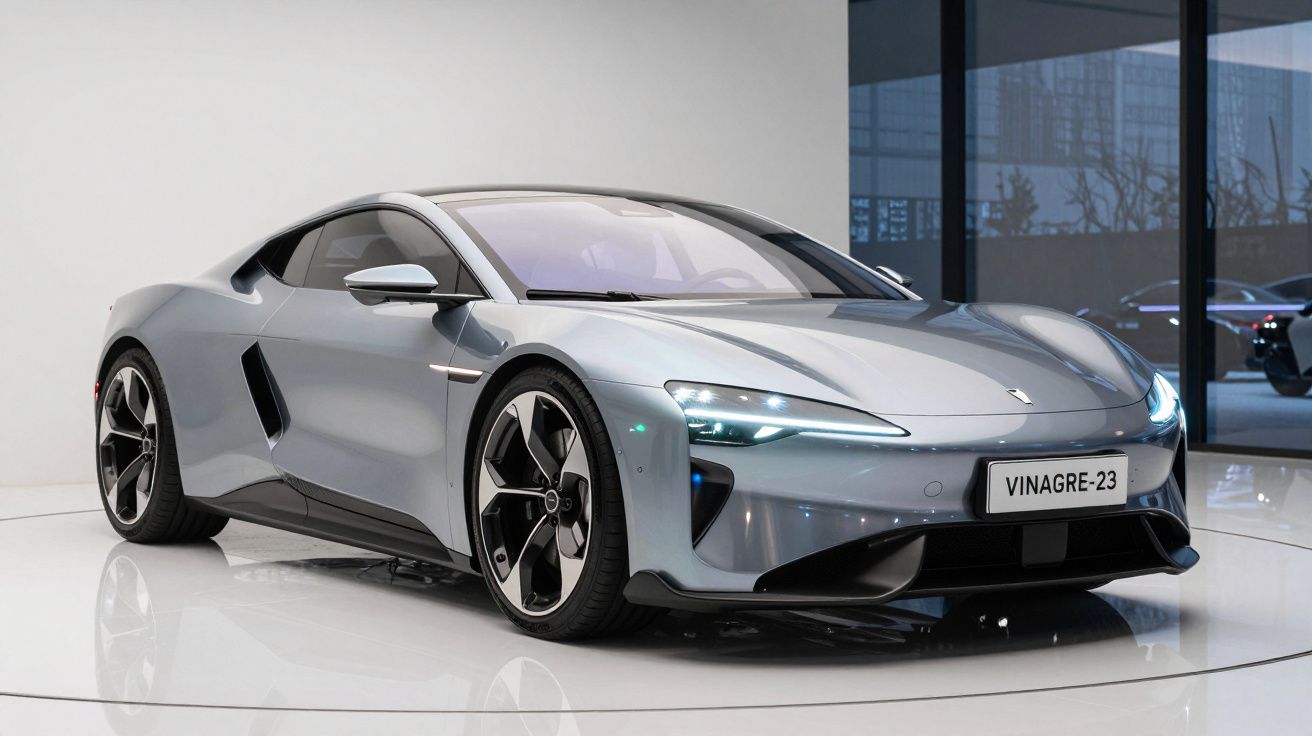 Carro desportivo elétrico cinzento, moderno, em exposição num ambiente interior minimalista.