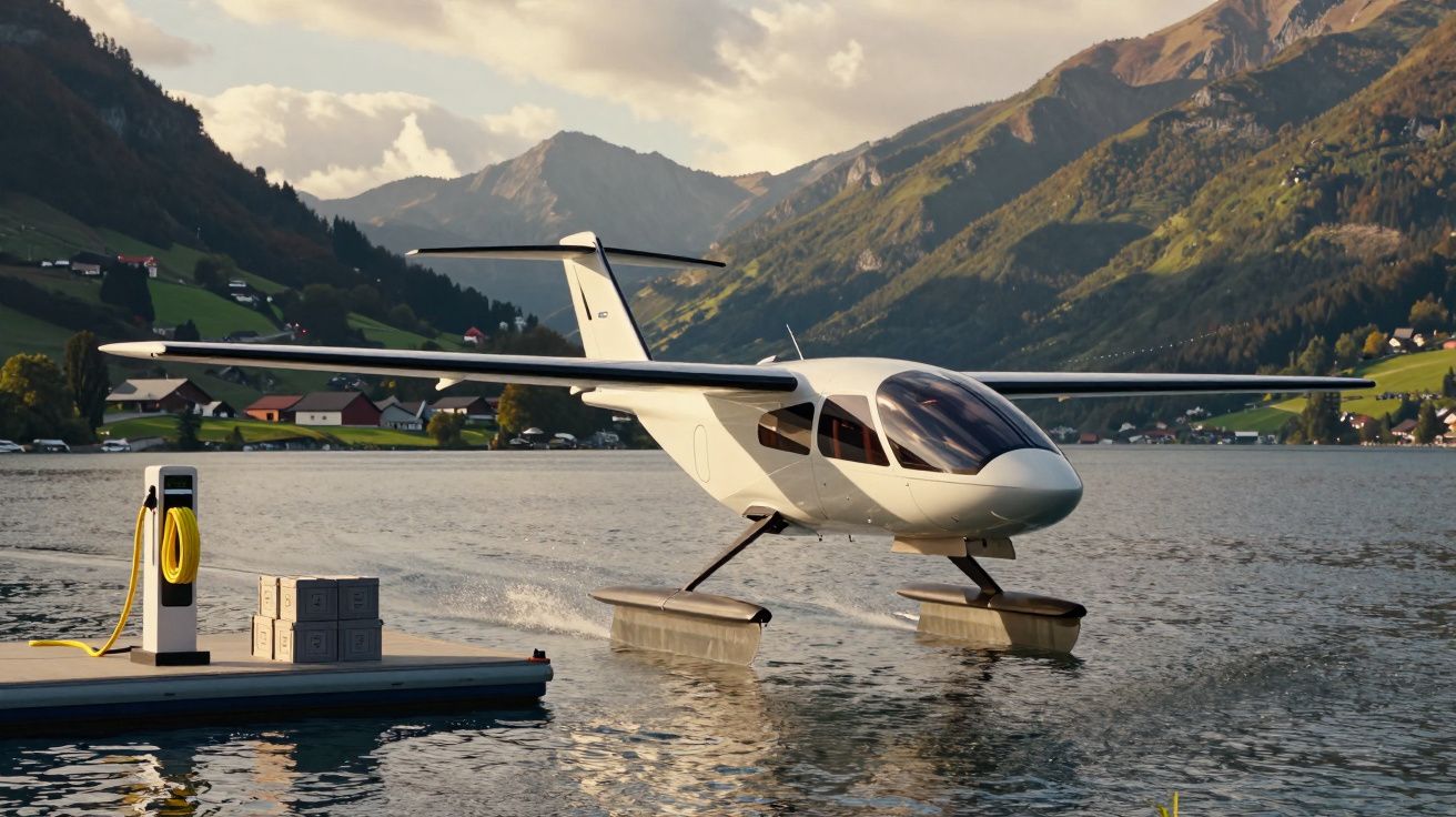 Avião elétrico sobre flutuadores a abastecer junto a um cais numa paisagem montanhosa com lago.