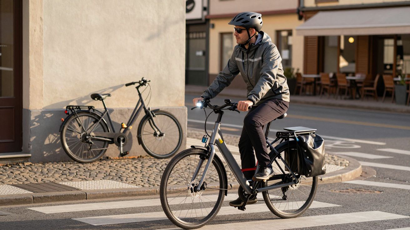 Homem com capacete e óculos a pedalar bicicleta elétrica numa passadeira urbana.