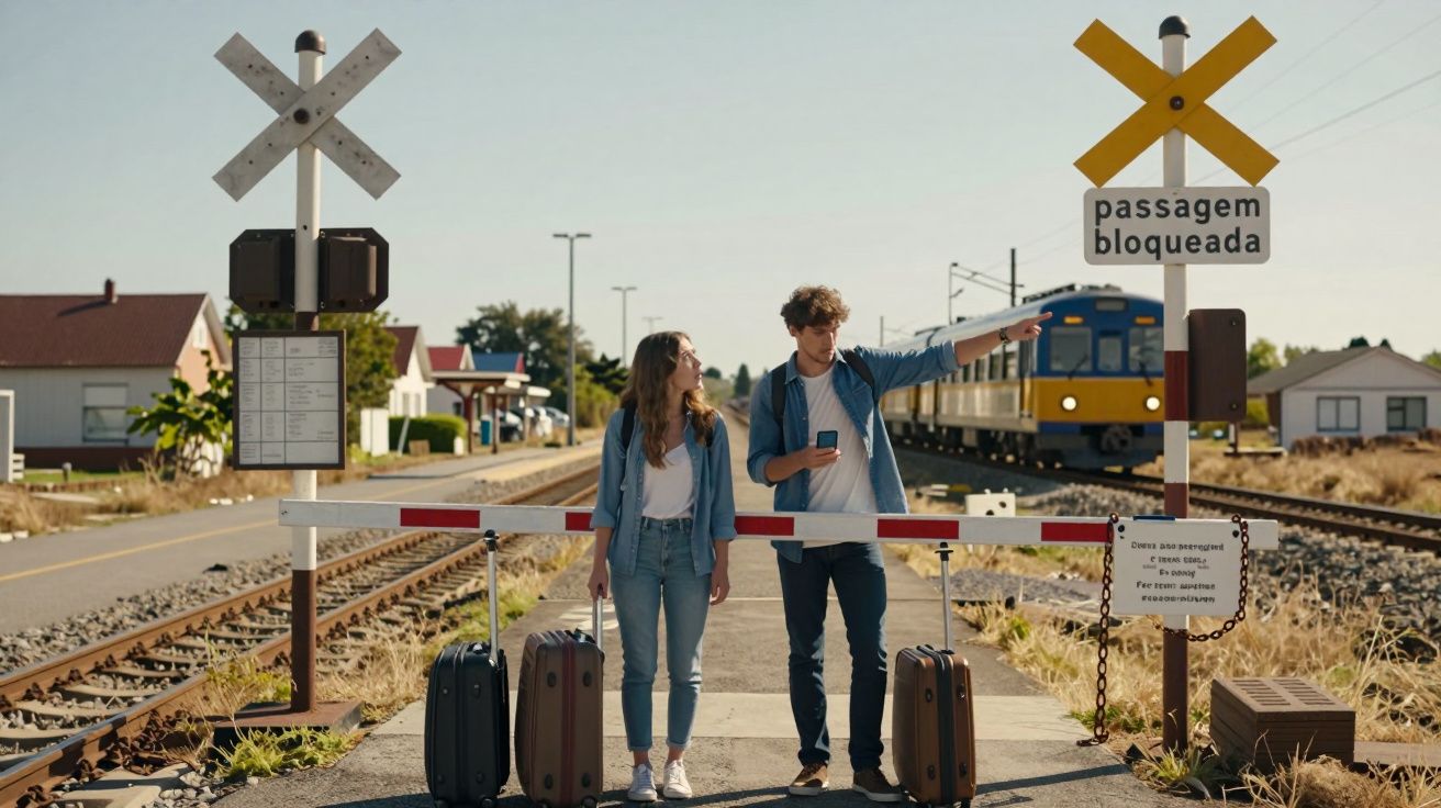 Casal com malas parado junto a passagem de nível bloqueada, com comboio a aproximar-se ao fundo.