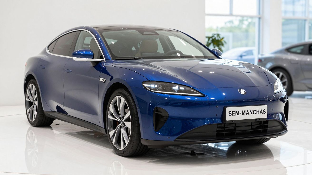 Carro elétrico desportivo azul com matrícula "SEM-MANCHAS" em exposição interior.