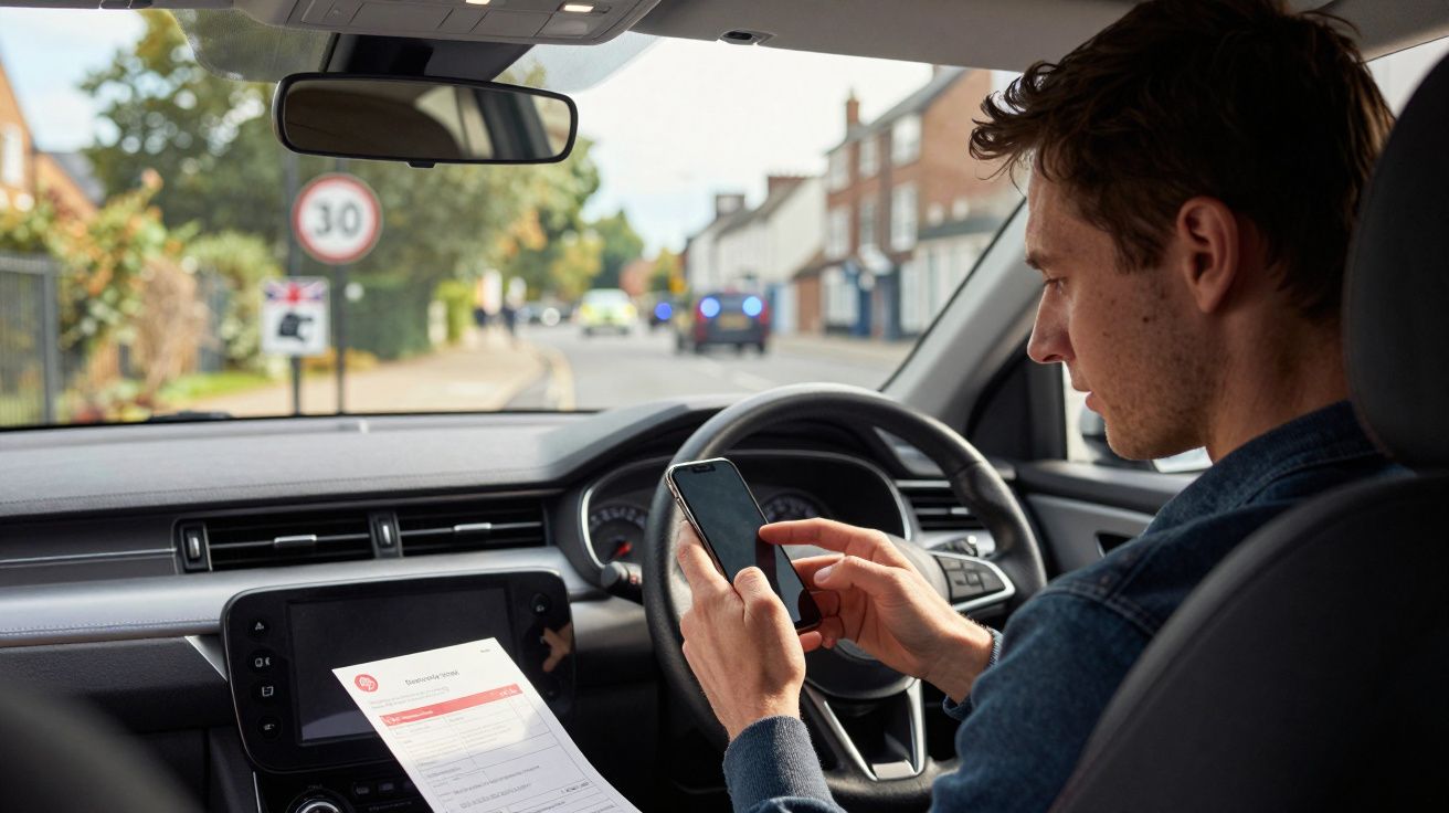 Homem a conduzir com papel na mão enquanto usa telemóvel dentro de carro estacionado numa rua urbana.