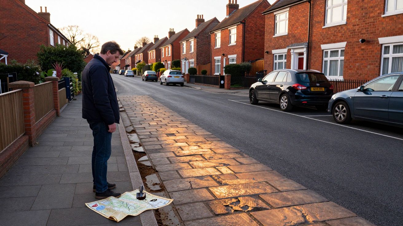 Homem de pé na calçada de rua residencial olhando para um mapa aberto no chão ao pôr do sol.