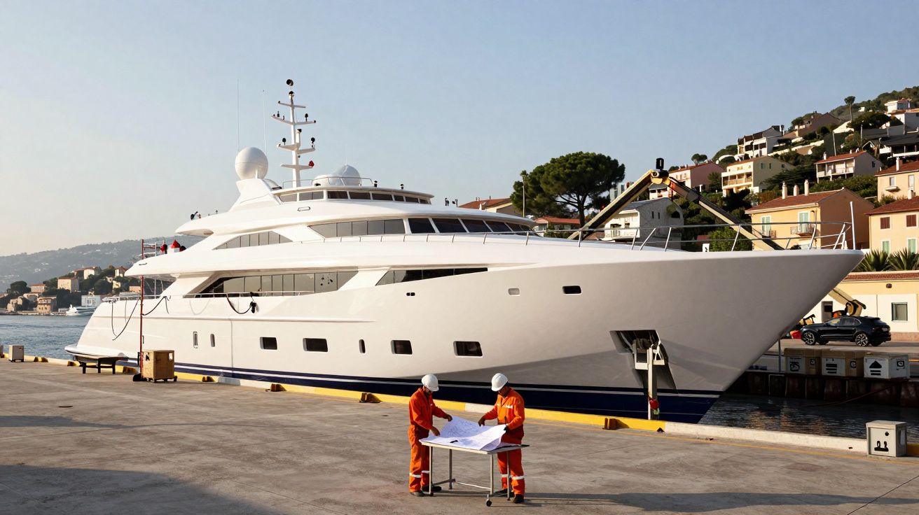 Iate branco atracado no cais com duas pessoas de fato laranja a analisar plantas numa mesa.