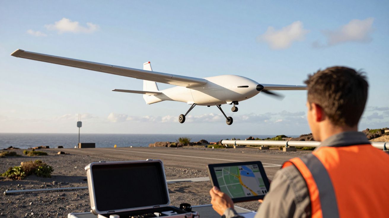 Homem com colete laranja pilota drone branco próximo ao mar usando tablet e equipamento de controlo remoto.