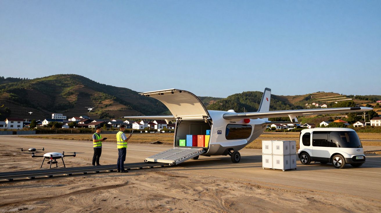 Avião de carga com porta aberta, dois trabalhadores, drone e veículo autónomo numa pista, com colinas e casas ao fundo.