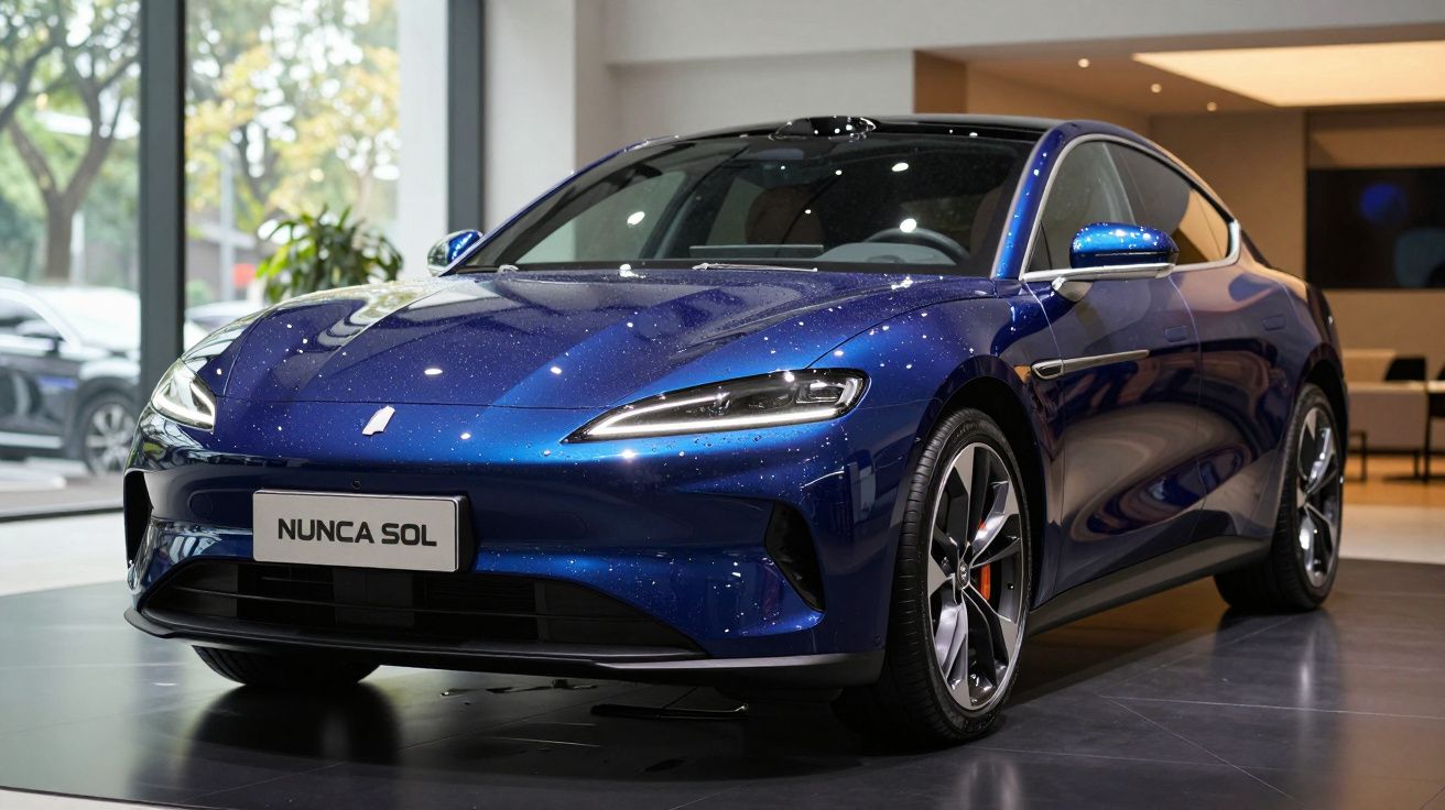 Automóvel desportivo azul metálico em exposição interior com luz natural e placa "NUNCA SOL".