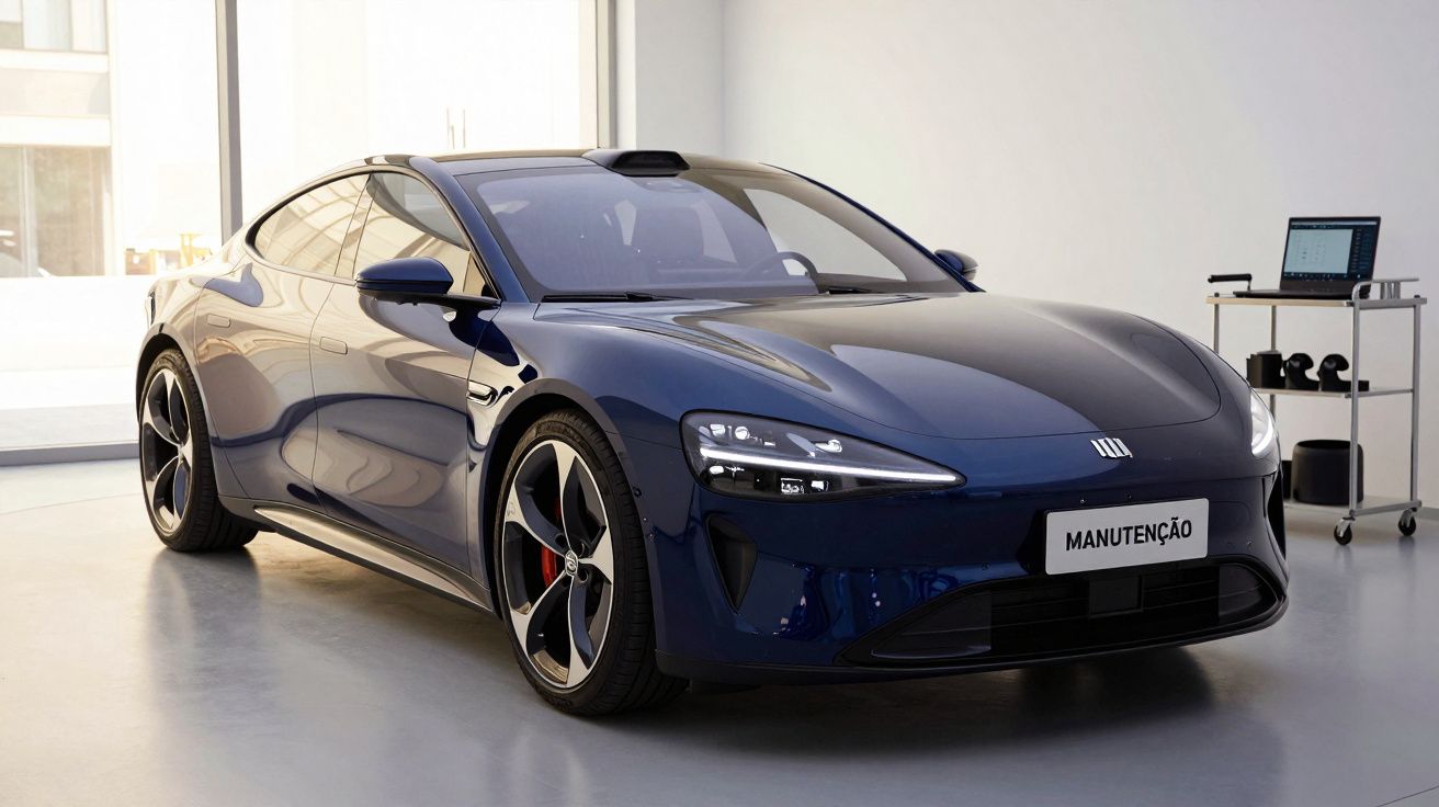 Carro elétrico azul escuro em oficina moderna com placa "Manutenção" à frente, ambiente iluminado e clean.