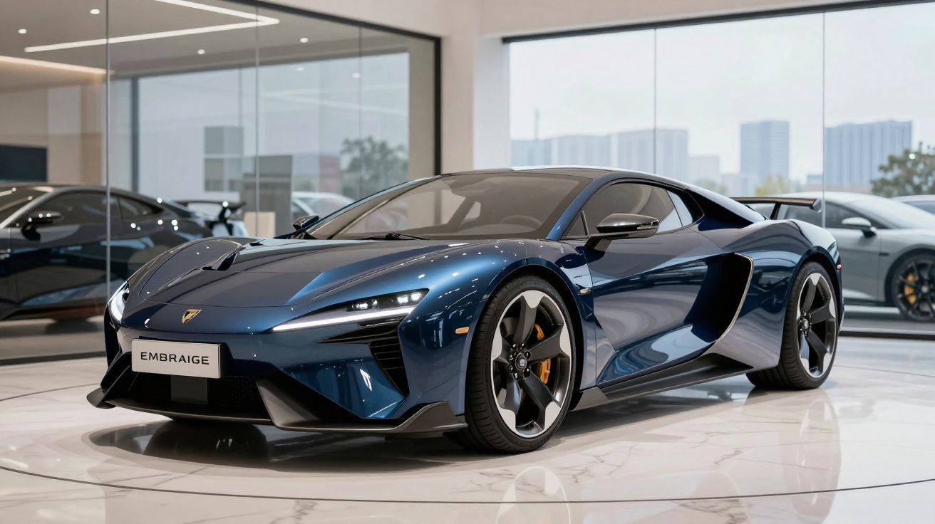 Carro desportivo azul escuro Lamborghini Embrage exposto numa sala de exposição moderna com chão brilhante.