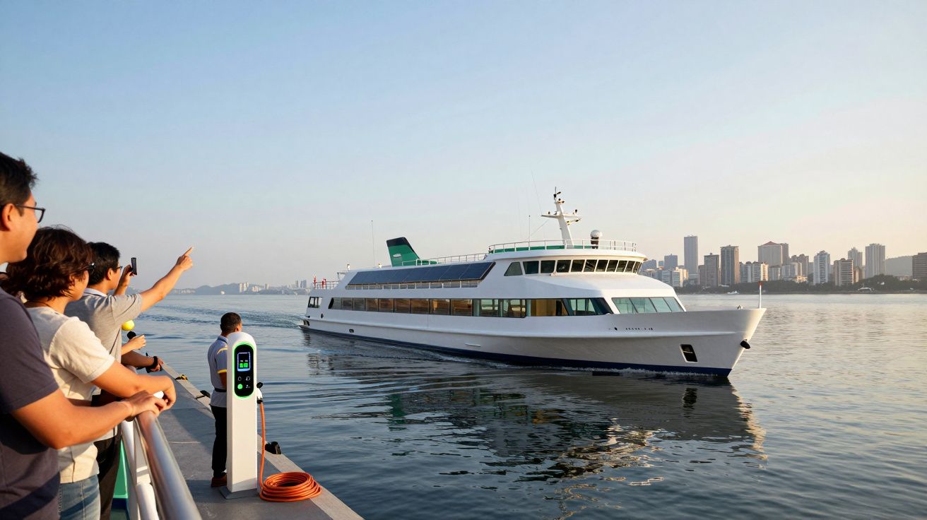Barco de passageiros a aproximar-se de doca com várias pessoas a observar na margem, cidade ao fundo.