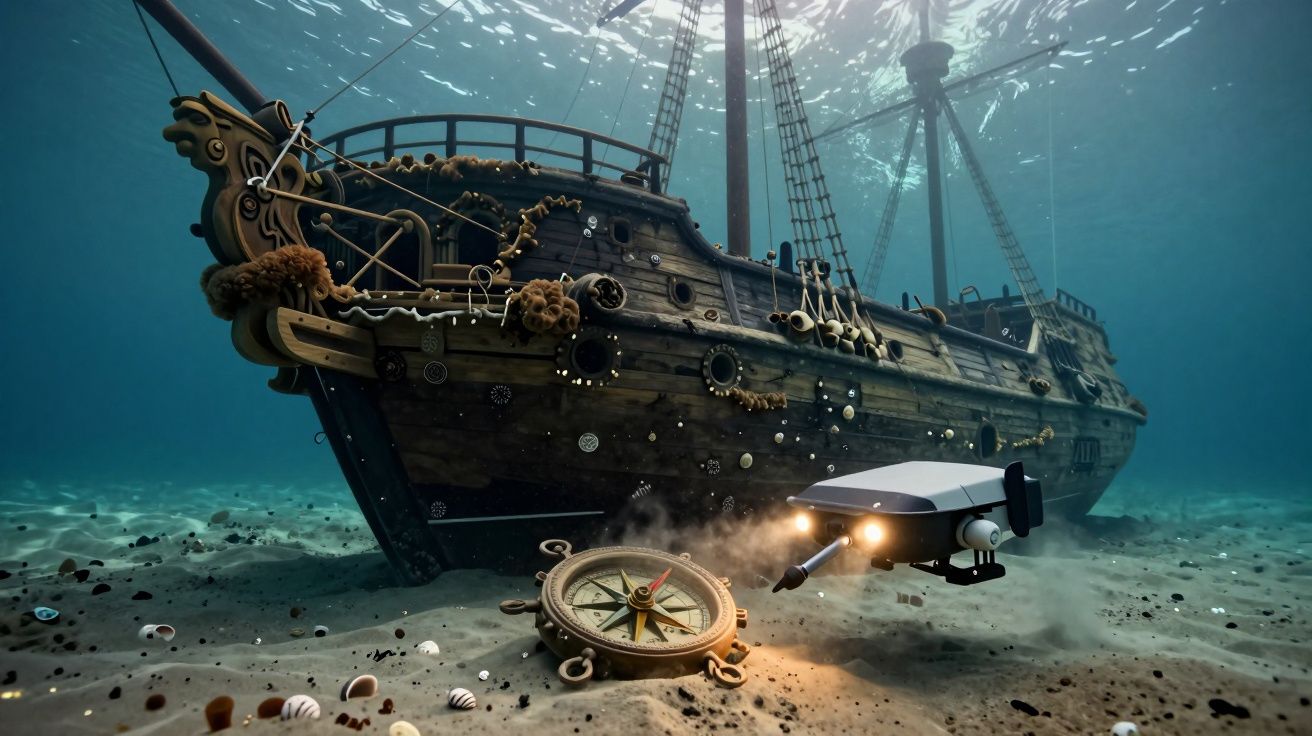 Navio pirata naufragado no fundo do mar com drone subaquático e bússola antiga na areia.