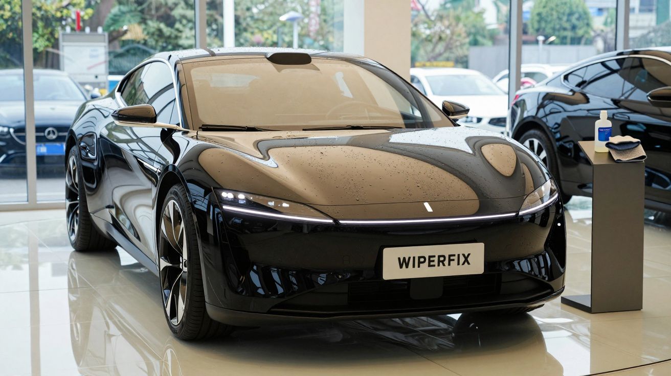 Carro desportivo elétrico preto com faróis LED em exposição numa sala moderna e bem iluminada.