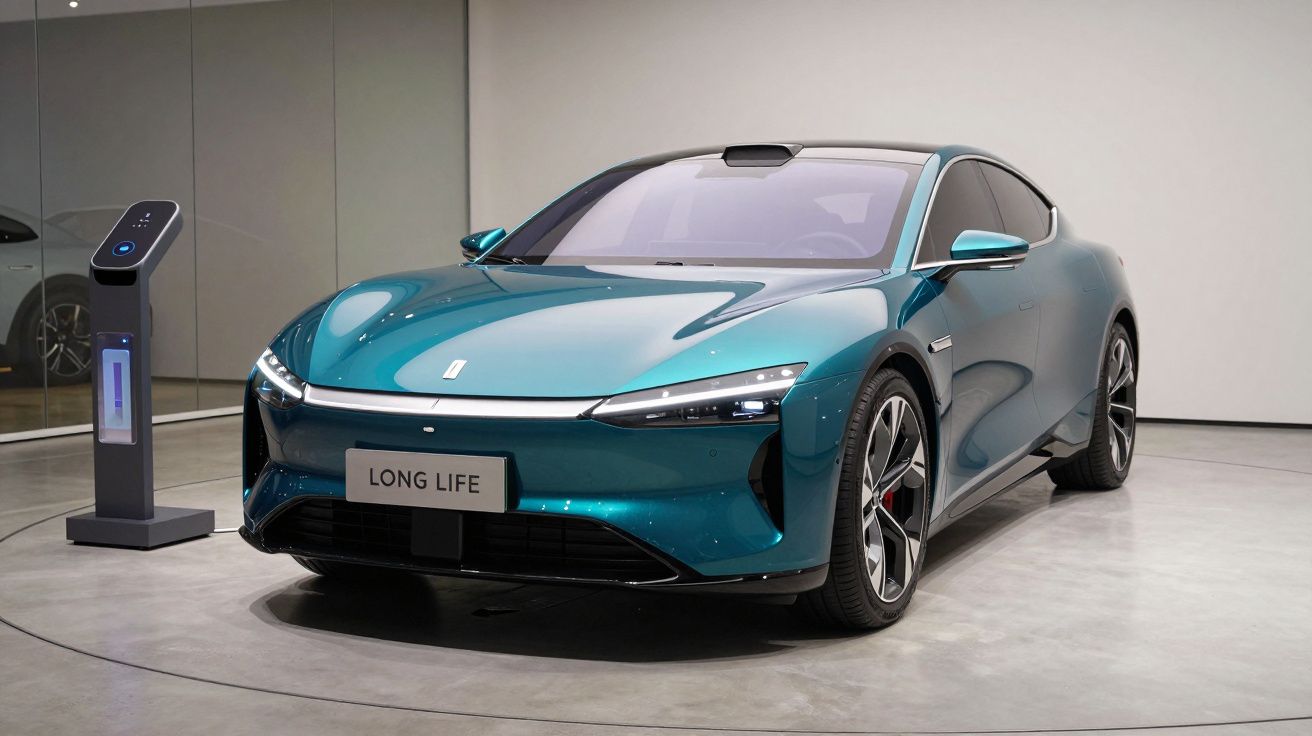 Carro elétrico azul metálico estacionado num espaço interior moderno, junto a um posto de carregamento.