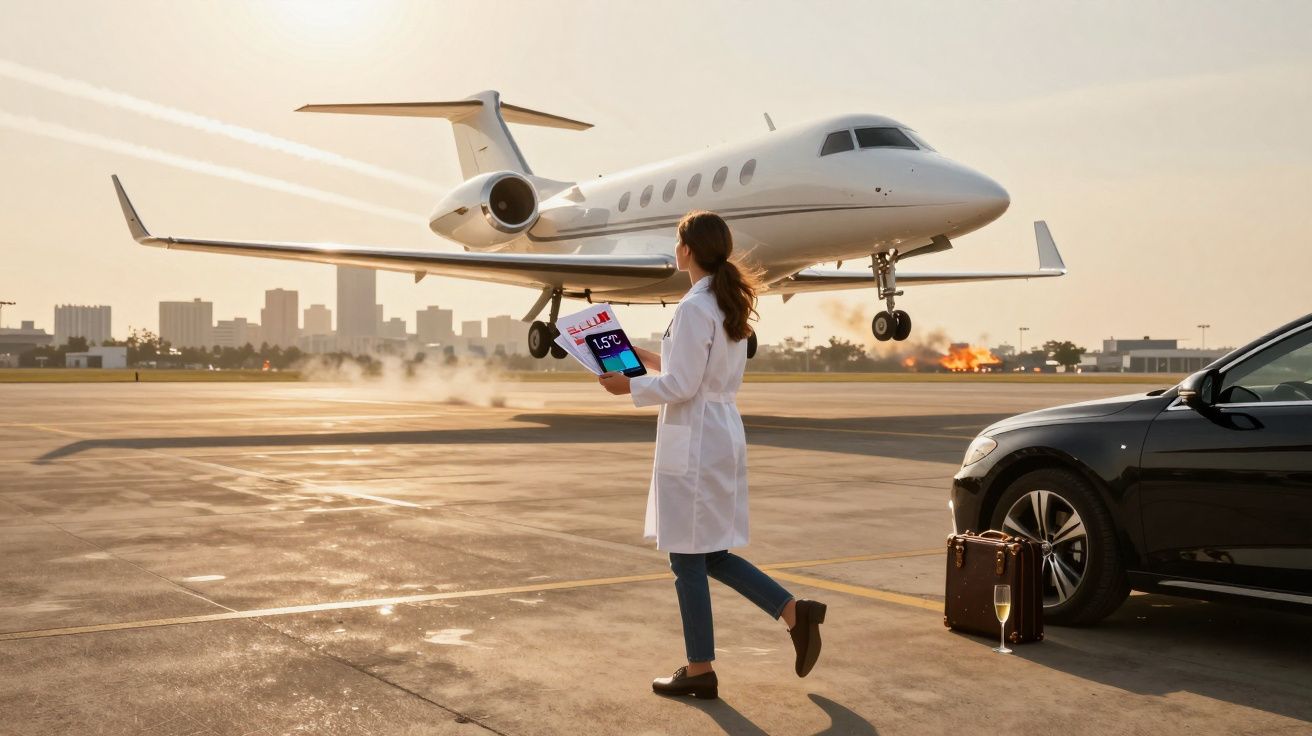 Mulher de bata branca observa jato a aterrar numa pista de aeroporto ao entardecer, com carro e mala ao lado.