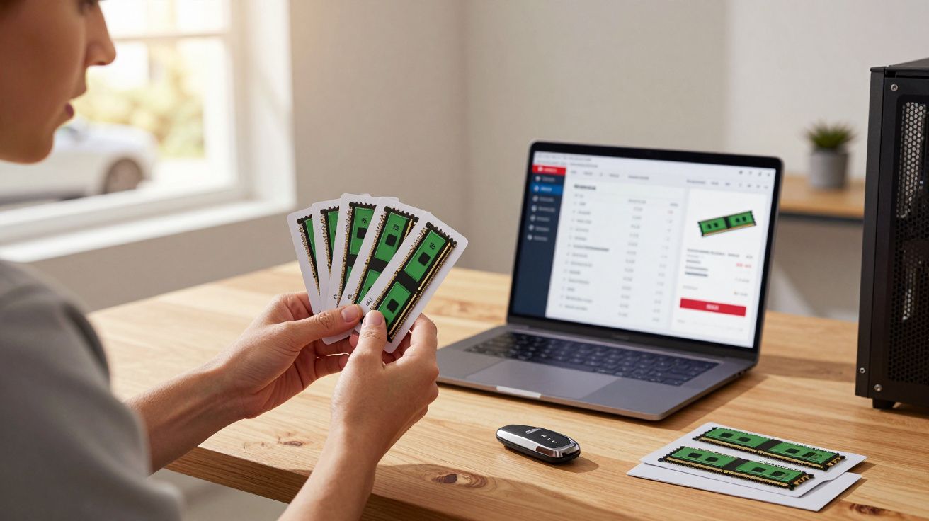 Pessoa a comparar módulos de memória RAM físicas com opções em loja online num portátil.