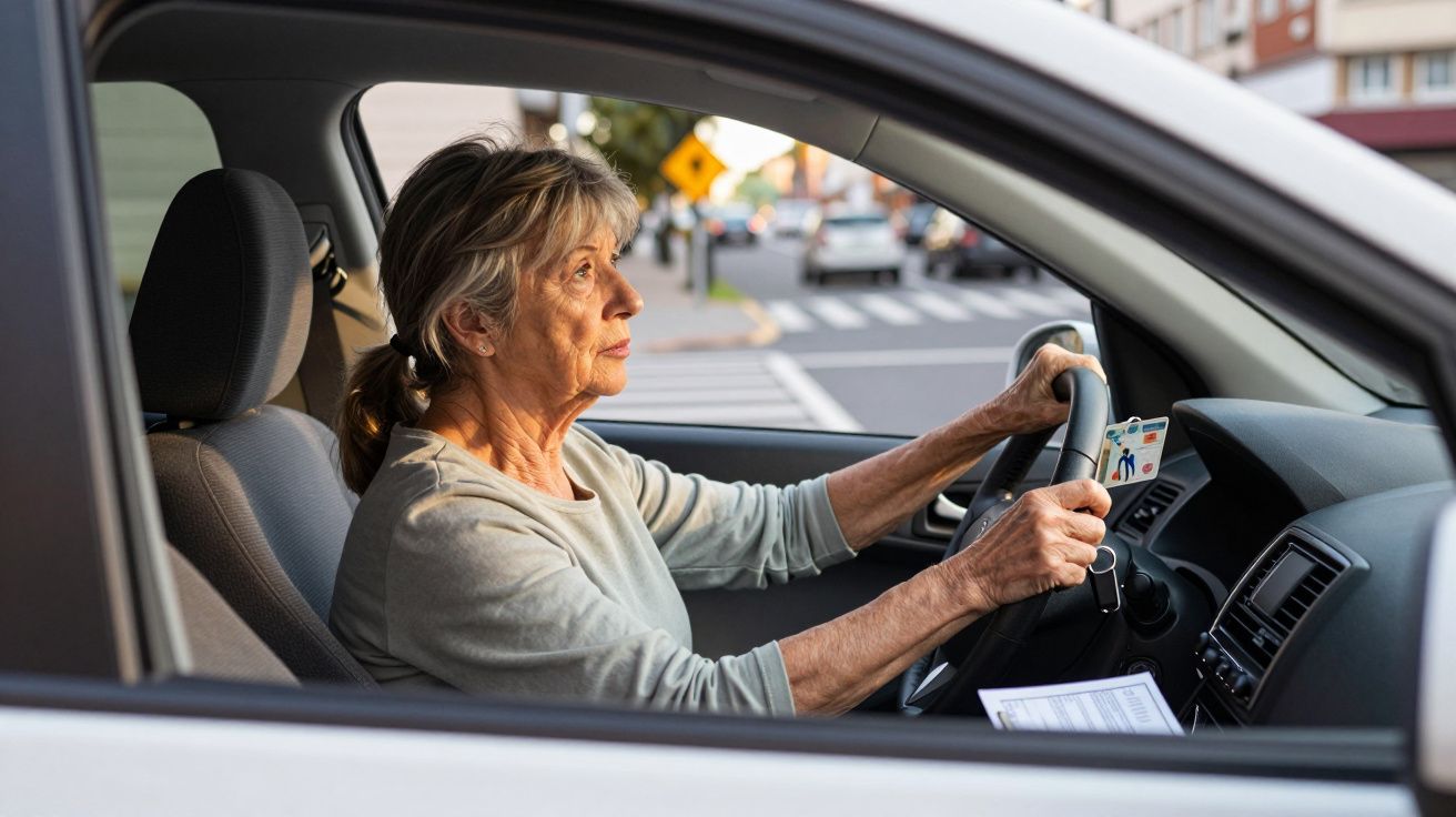 Mulher idosa de cabelo grisalho a conduzir um carro, mostrando o cartão de condução junto ao volante.