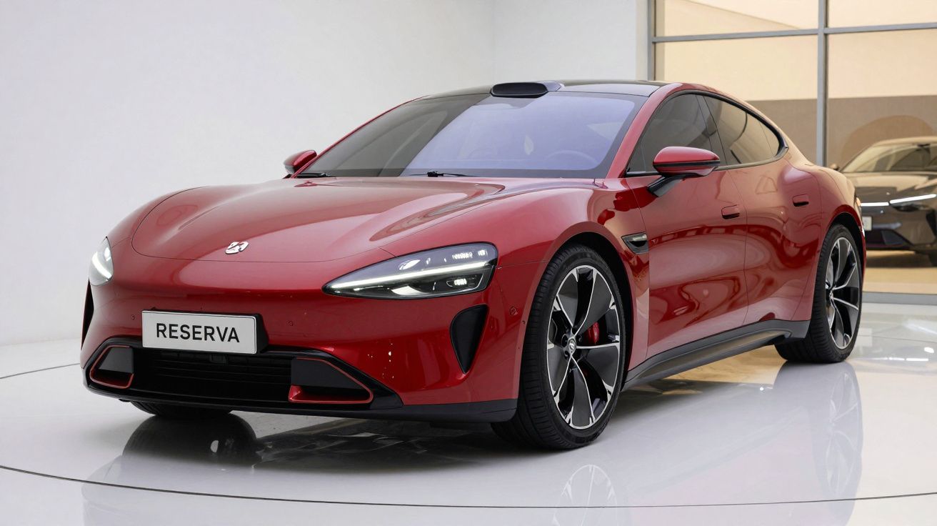 Carro desportivo elétrico vermelho com design futurista exibido em espaço interior branco e moderno.