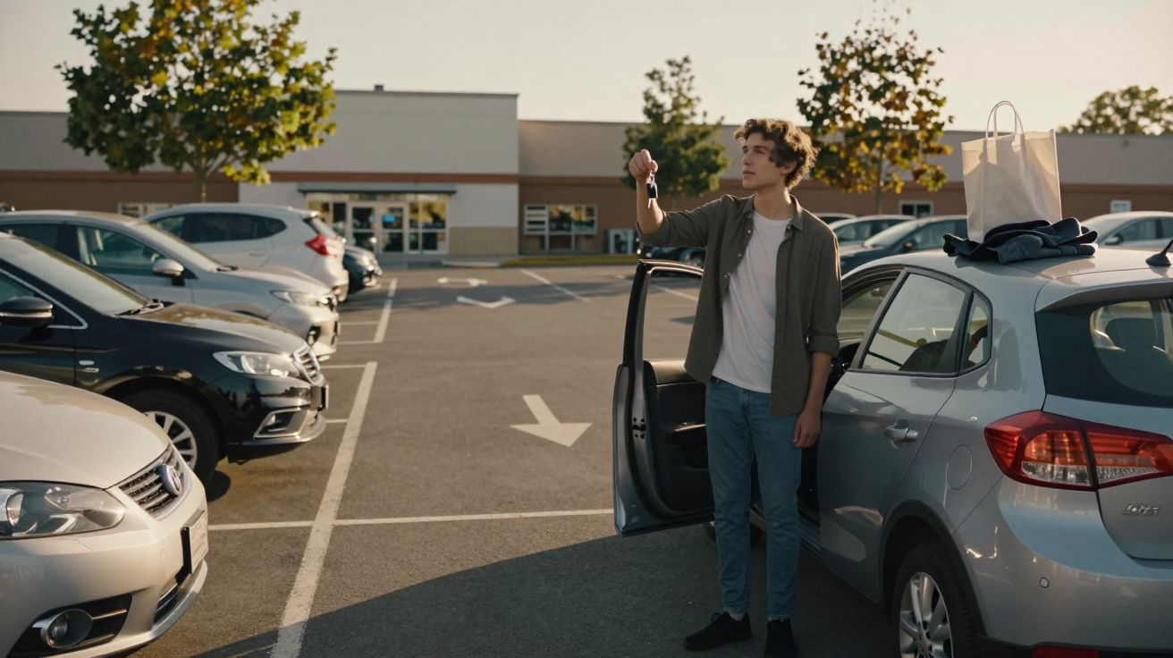Jovem em parque de estacionamento junto a carro cinzento com porta aberta, segurando chave e saco de compras no tejadilho.