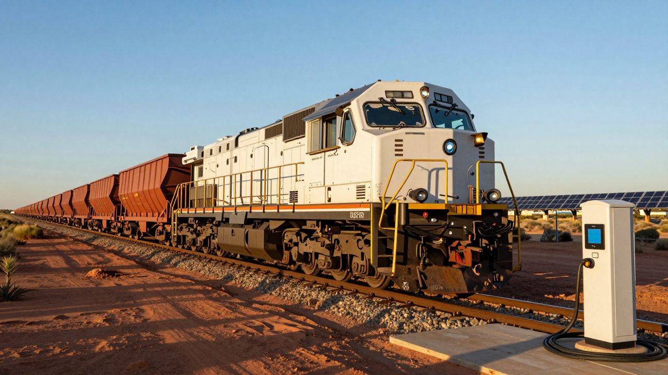 Comboio de carga branco ligado a estação de carregamento elétrica em zona desértica com painéis solares.