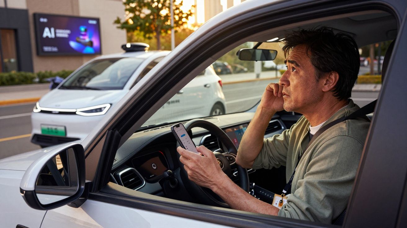 Homem asiático sentado ao volante de carro elétrico a olhar para o ecrã do telemóvel durante o pôr do sol.