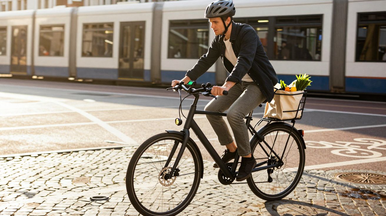 Homem com capacete a andar de bicicleta numa ciclovia urbana com saco de compras no suporte traseiro.