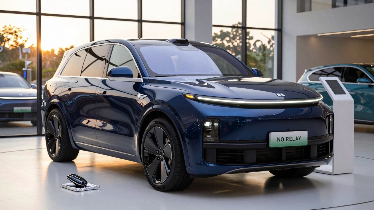 Carro elétrico SUV azul escuro exposto em showroom moderno com painel digital ao lado.