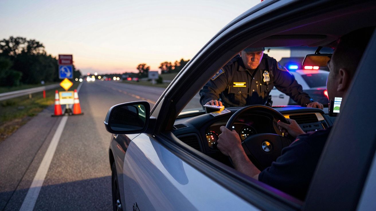 Polícia a realizar teste de alcoolemia a condutor numa estrada com cones de sinalização ao entardecer.