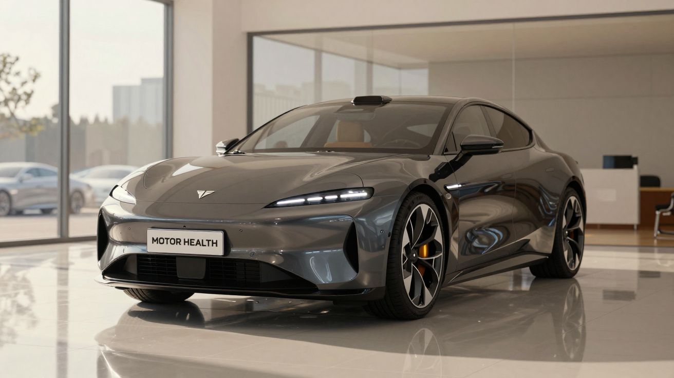 Carro elétrico desportivo cinzento apresentado numa garagem moderna e bem iluminada.